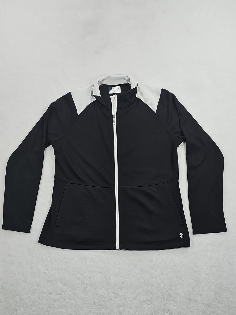 IZOD Golf Jacket Mens Large Black White Full Zip Mesh Track Mock Neck Sport L